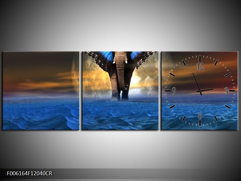 Klok schilderij Olifant | Blauw, Bruin | 120x40cm 3Luik