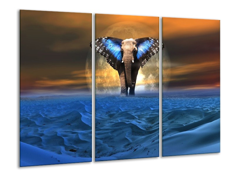 Canvas schilderij Olifant | Blauw, Bruin | 120x80cm 3Luik