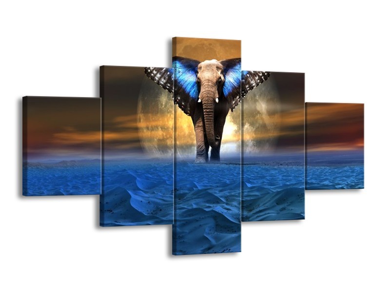 Canvas schilderij Olifant | Blauw, Bruin | 125x70cm 5Luik