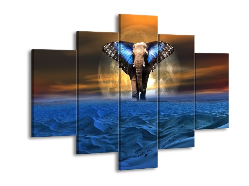 Canvas schilderij Olifant | Blauw, Bruin | 150x105cm 5Luik