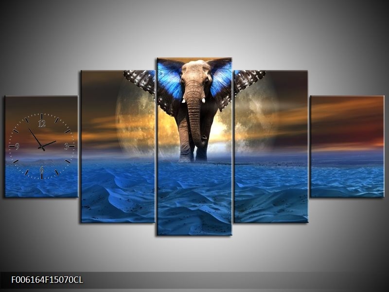 Klok schilderij Olifant | Blauw, Bruin | 150x70cm 5Luik