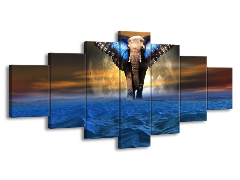 Canvas schilderij Olifant | Blauw, Bruin | 210x100cm 7Luik