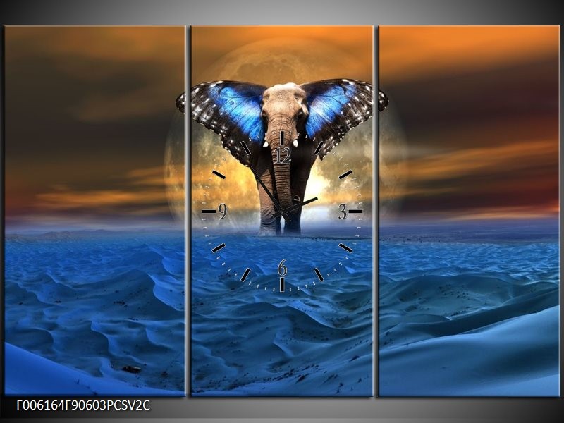 Klok schilderij Olifant | Blauw, Bruin | 90x60cm 3Luik