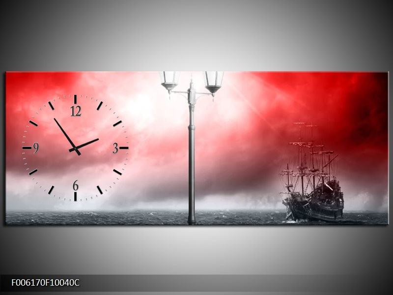 Klok schilderij Zee | Rood, Grijs, Zwart | 100x40cm 1Luik