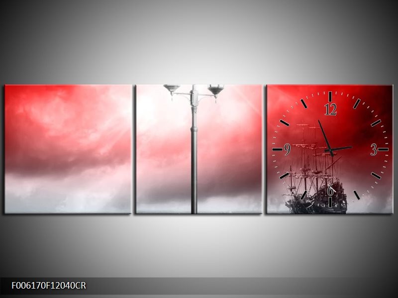 Klok schilderij Zee | Rood, Grijs, Zwart | 120x40cm 3Luik
