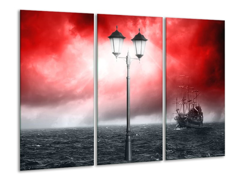 Canvas schilderij Zee | Rood, Grijs, Zwart | 120x80cm 3Luik