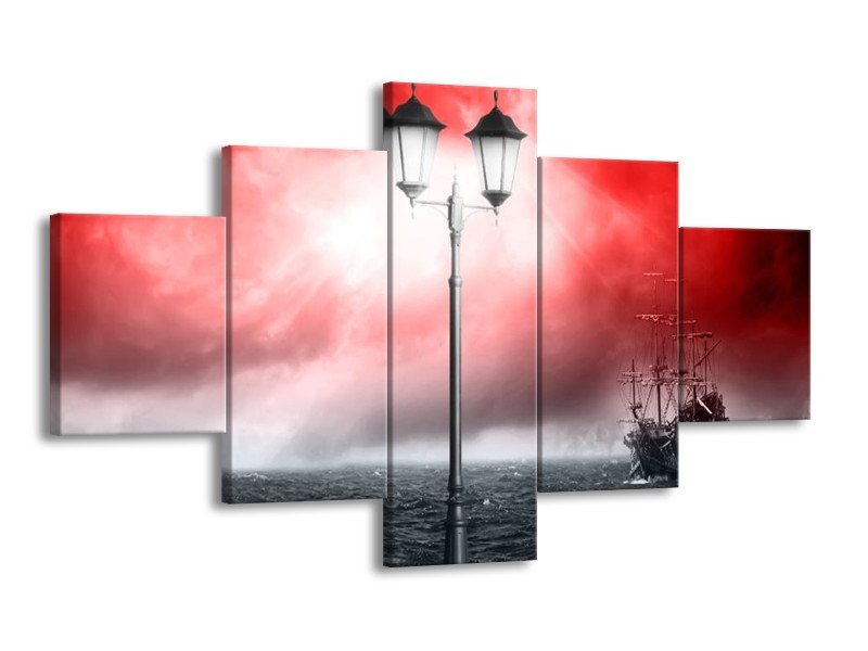 Canvas schilderij Zee | Rood, Grijs, Zwart | 125x70cm 5Luik