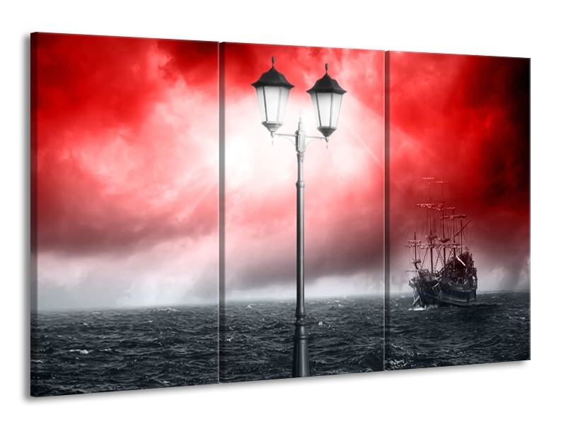 Canvas schilderij Zee | Rood, Grijs, Zwart | 165x100cm 3Luik