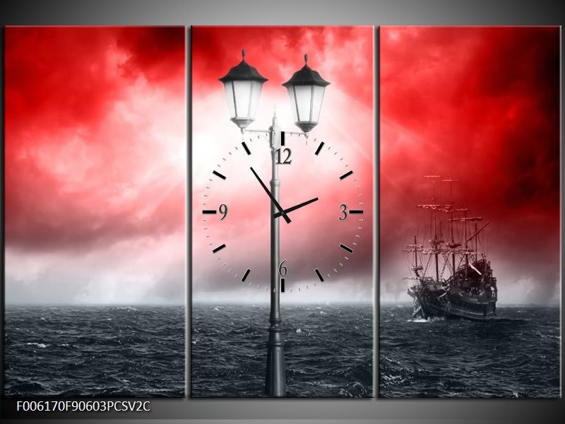 Klok schilderij Zee | Rood, Grijs, Zwart | 90x60cm 3Luik