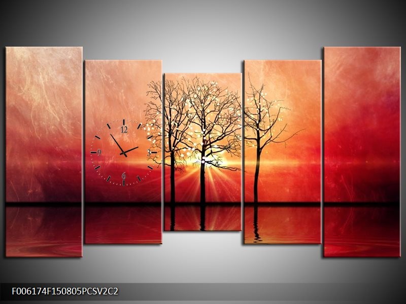 Klok schilderij Abstract | Rood, Geel | 150x80cm 5Luik