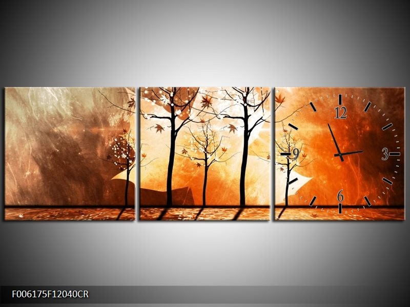 Klok schilderij Abstract | Bruin, Oranje, Geel | 120x40cm 3Luik