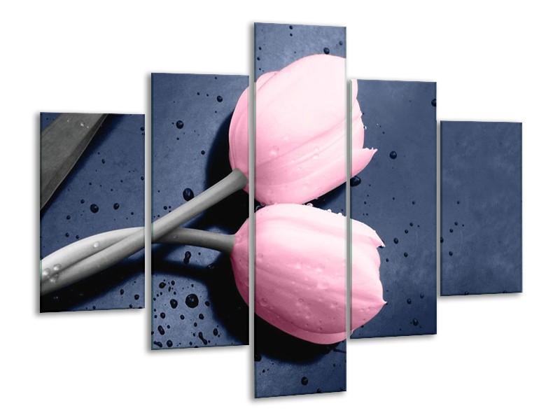 Canvas schilderij Tulpen | Roze, Grijs | 100x70cm 5Luik
