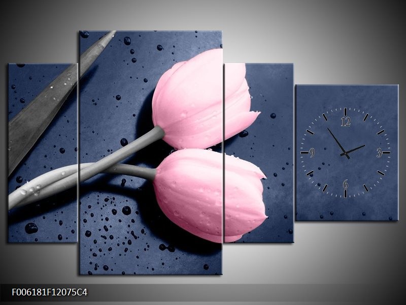 Klok schilderij Tulpen | Roze, Grijs | 120x75cm 4Luik