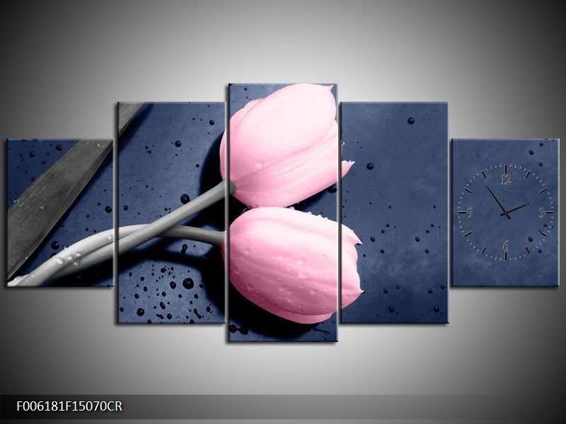 Klok schilderij Tulpen | Roze, Grijs | 150x70cm 5Luik