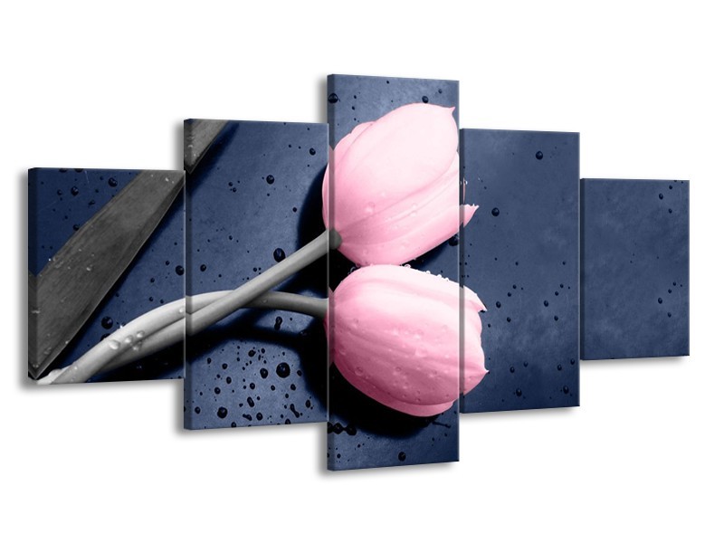 Canvas schilderij Tulpen | Roze, Grijs | 150x80cm 5Luik