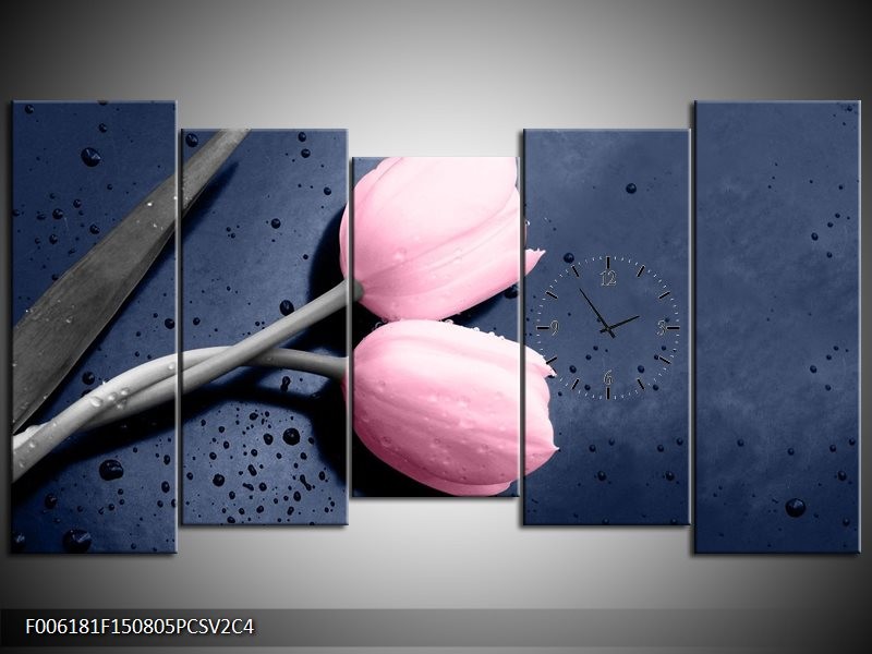 Klok schilderij Tulpen | Roze, Grijs | 150x80cm 5Luik