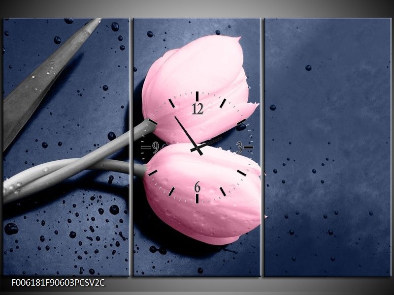 Klok schilderij Tulpen | Roze, Grijs | 90x60cm 3Luik