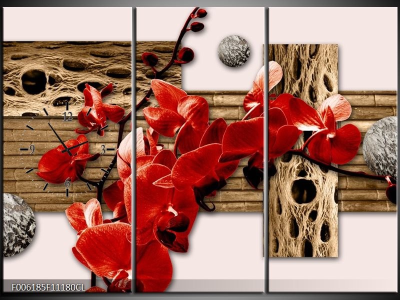 Klok schilderij Orchidee | Rood, Bruin, Crème | 111x80cm 3Luik