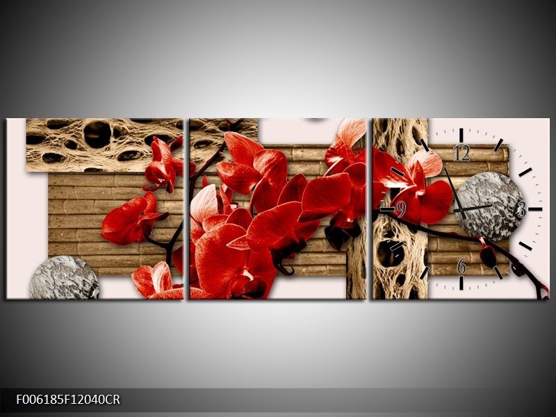 Klok schilderij Orchidee | Rood, Bruin, Crème | 120x40cm 3Luik