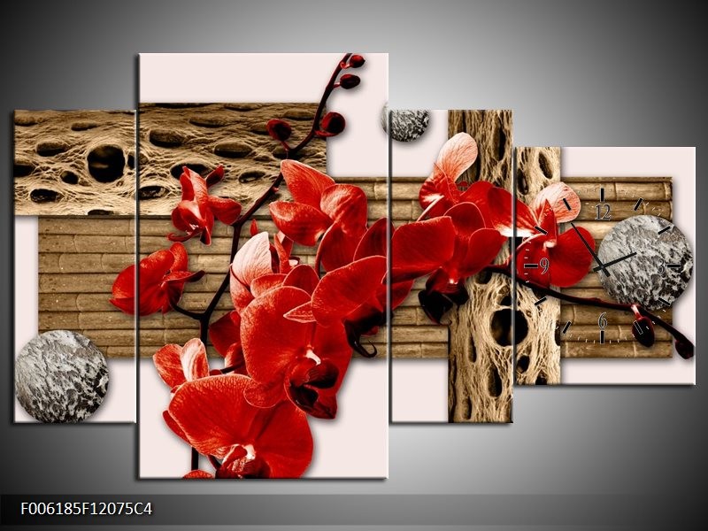 Klok schilderij Orchidee | Rood, Bruin, Crème | 120x75cm 4Luik