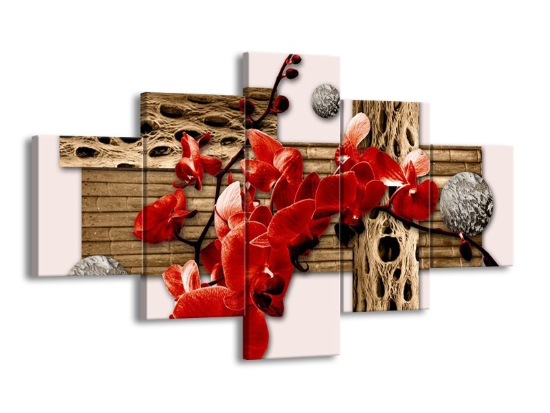 Canvas schilderij Orchidee | Rood, Bruin, Crème | 125x70cm 5Luik