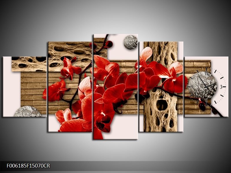 Klok schilderij Orchidee | Rood, Bruin, Crème | 150x70cm 5Luik