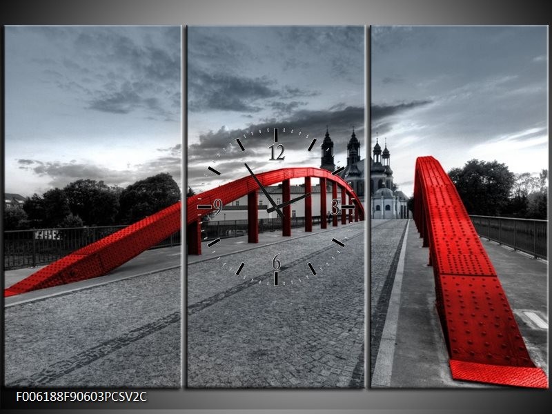 Klok schilderij Brug | Rood, Grijs | 90x60cm 3Luik