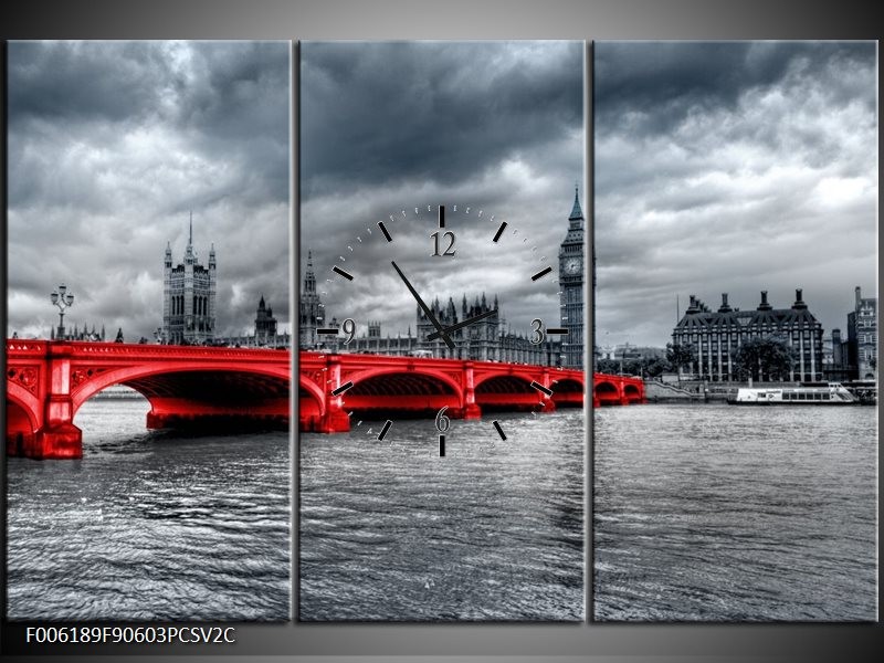 Klok schilderij Brug | Rood, Grijs | 90x60cm 3Luik