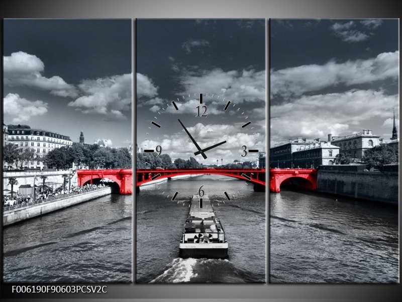 Klok schilderij Brug | Rood, Grijs | 90x60cm 3Luik
