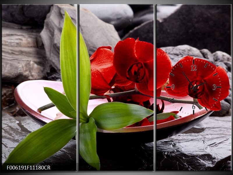 Klok schilderij Orchidee | Rood, Groen, Grijs | 111x80cm 3Luik