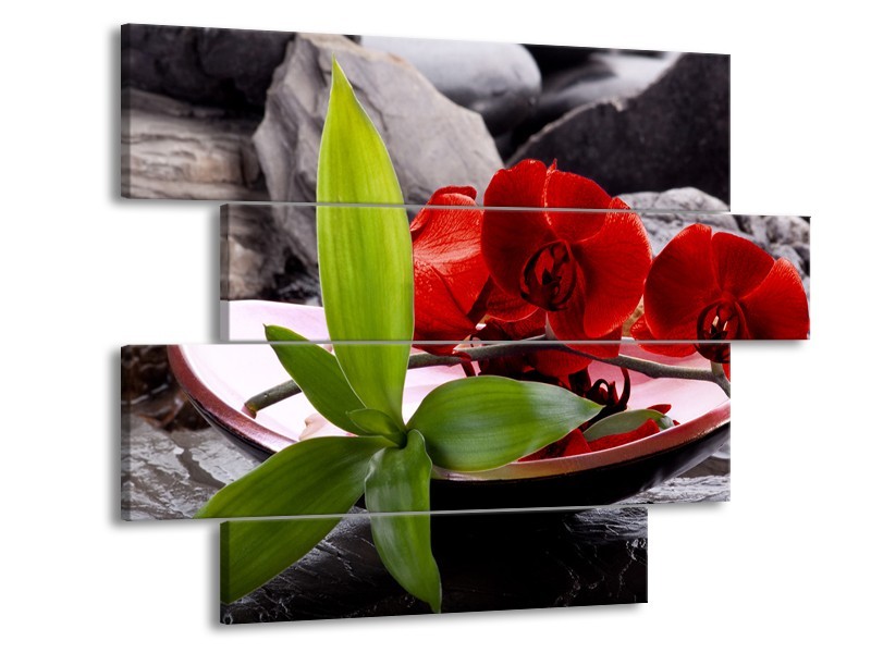 Canvas schilderij Orchidee | Rood, Groen, Grijs | 115x85cm 4Luik