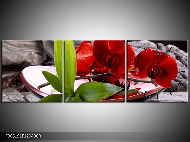 Klok schilderij Orchidee | Rood, Groen, Grijs | 120x40cm 3Luik