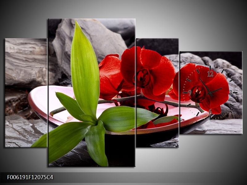 Klok schilderij Orchidee | Rood, Groen, Grijs | 120x75cm 4Luik
