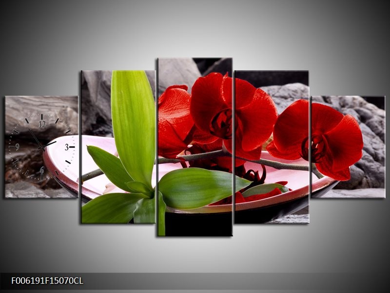 Klok schilderij Orchidee | Rood, Groen, Grijs | 150x70cm 5Luik