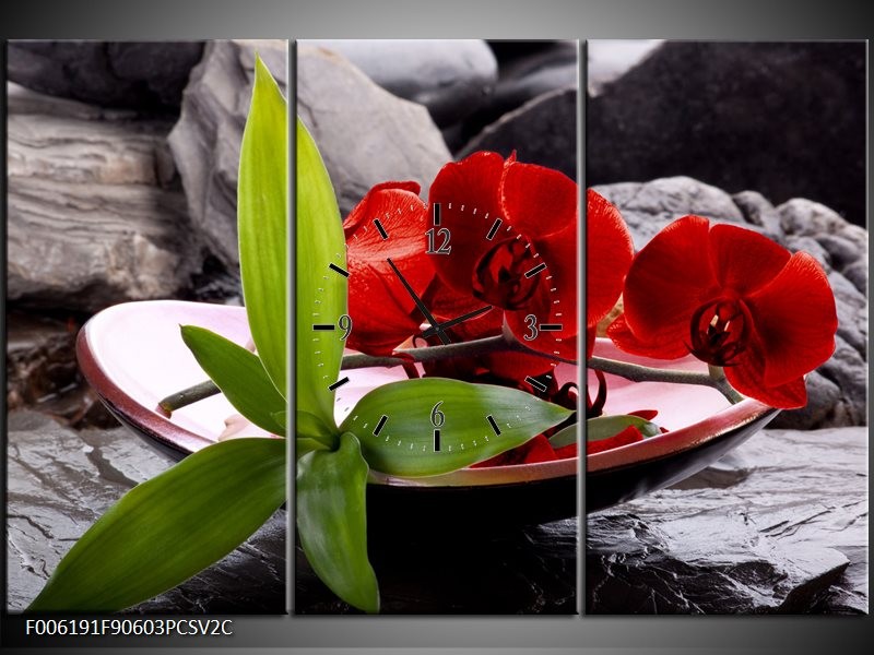 Klok schilderij Orchidee | Rood, Groen, Grijs | 90x60cm 3Luik
