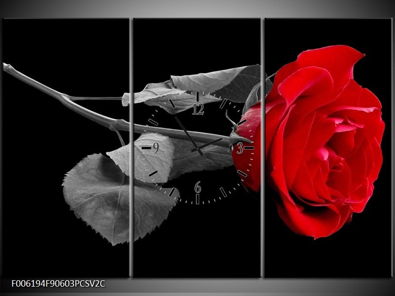 Klok schilderij Roos | Rood, Zwart | 90x60cm 3Luik