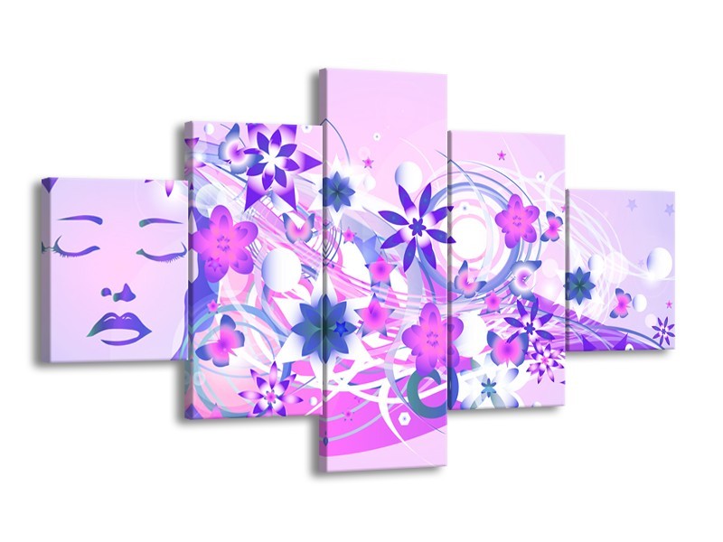 Canvas schilderij Abstract | Roze, Paars, Wit | 125x70cm 5Luik
