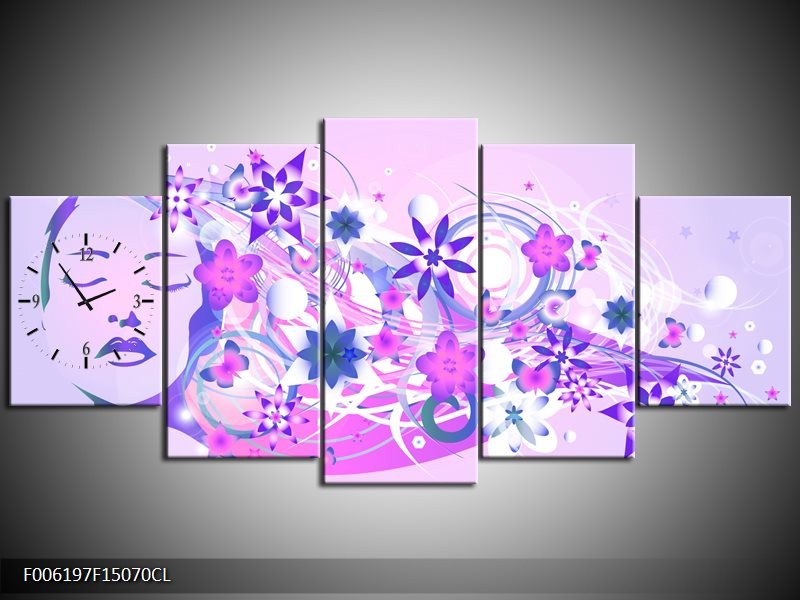 Klok schilderij Abstract | Roze, Paars, Wit | 150x70cm 5Luik