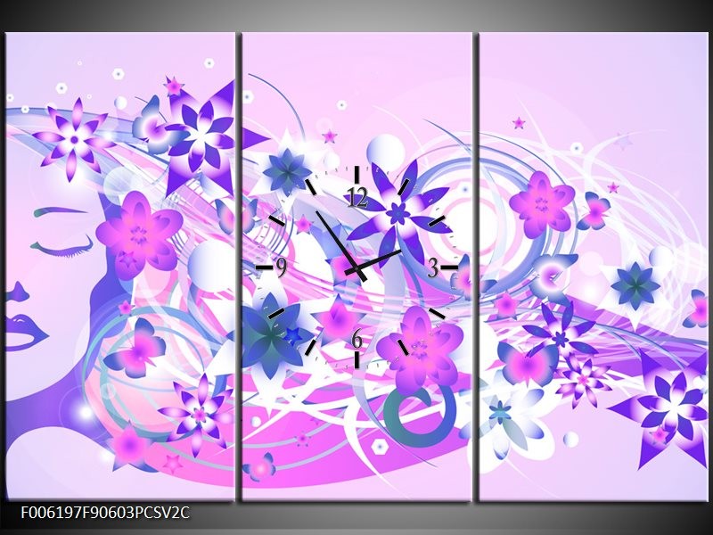 Klok schilderij Abstract | Roze, Paars, Wit | 90x60cm 3Luik