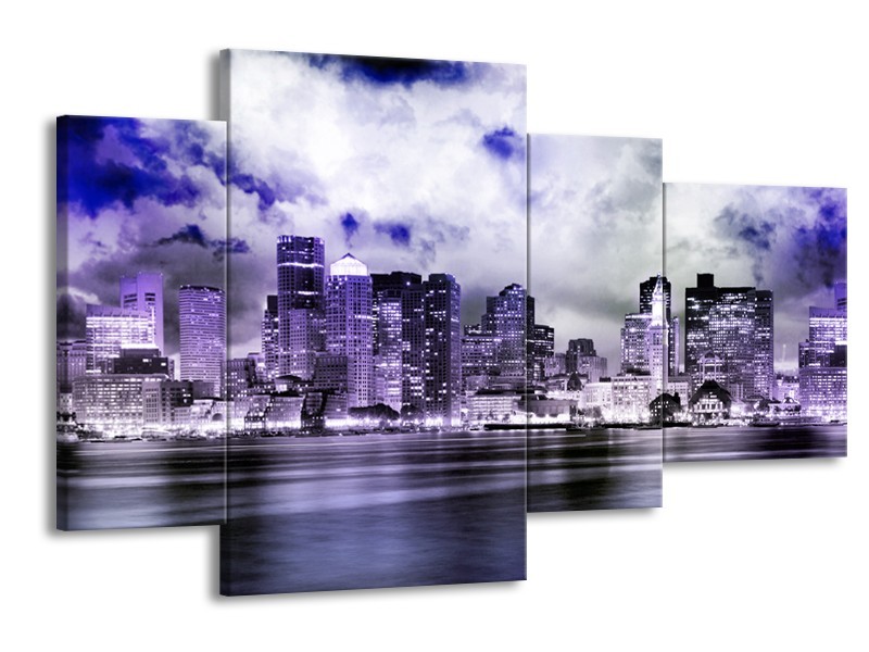 Glas schilderij Wolkenkrabber | Paars, Grijs, Blauw | 120x75cm 4Luik