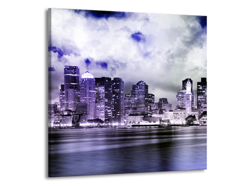 Glas schilderij Wolkenkrabber | Paars, Grijs, Blauw | 50x50cm 1Luik