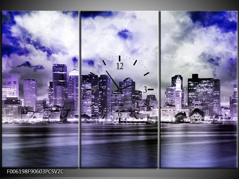 Klok schilderij Wolkenkrabber | Paars, Grijs, Blauw | 90x60cm 3Luik