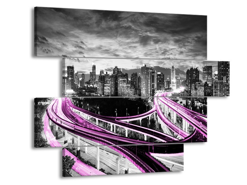 Glas schilderij Wolkenkrabber | Paars, Grijs | 115x85cm 4Luik