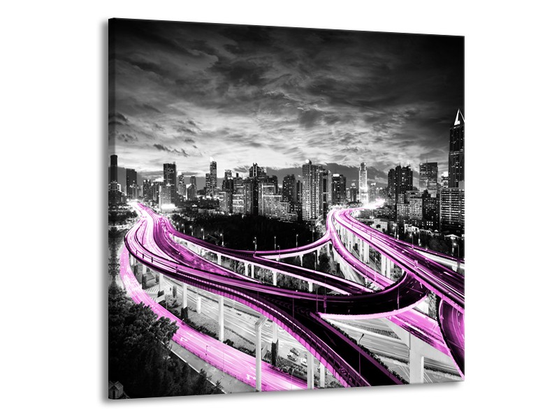 Glas schilderij Wolkenkrabber | Paars, Grijs | 50x50cm 1Luik