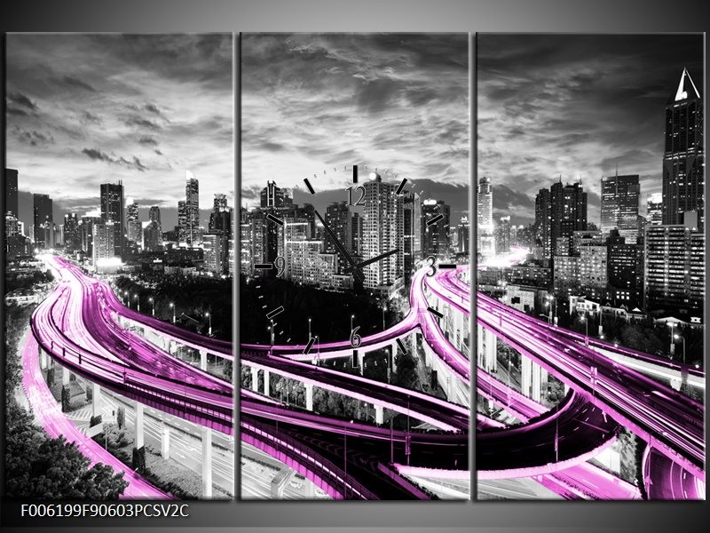 Klok schilderij Wolkenkrabber | Paars, Grijs | 90x60cm 3Luik