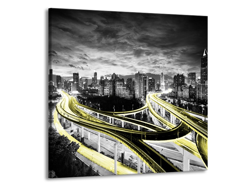 Glas schilderij Wolkenkrabber | Geel, Goud, Grijs | 50x50cm 1Luik