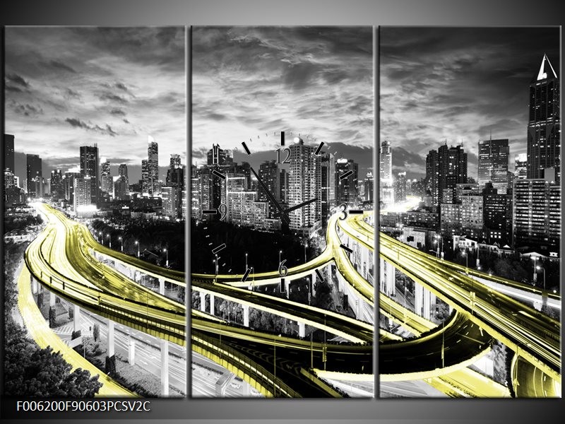 Klok schilderij Wolkenkrabber | Geel, Goud, Grijs | 90x60cm 3Luik