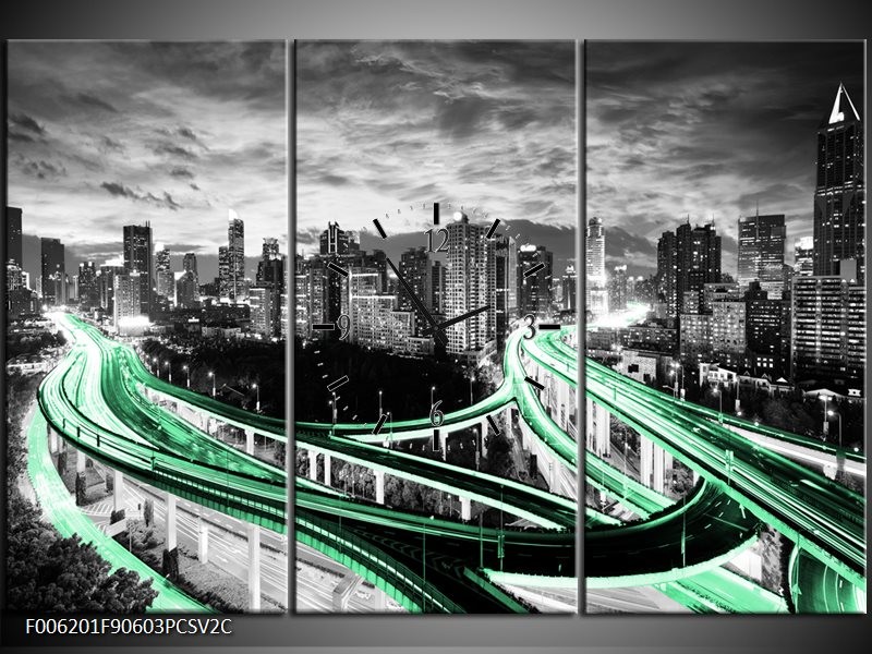 Klok schilderij Wolkenkrabber | Groen, Grijs | 90x60cm 3Luik