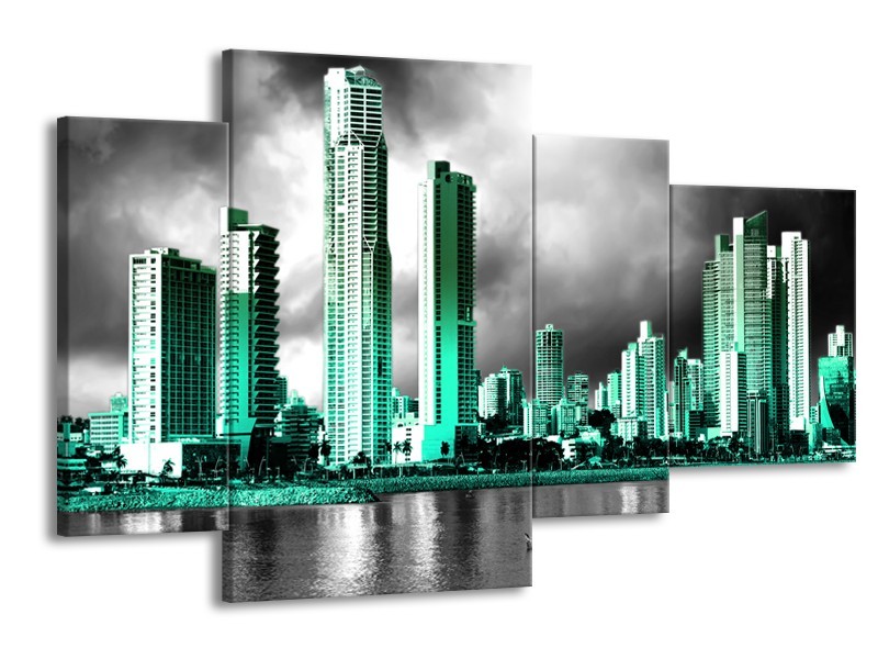 Glas schilderij Wolkenkrabber | Grijs, Groen | 120x75cm 4Luik
