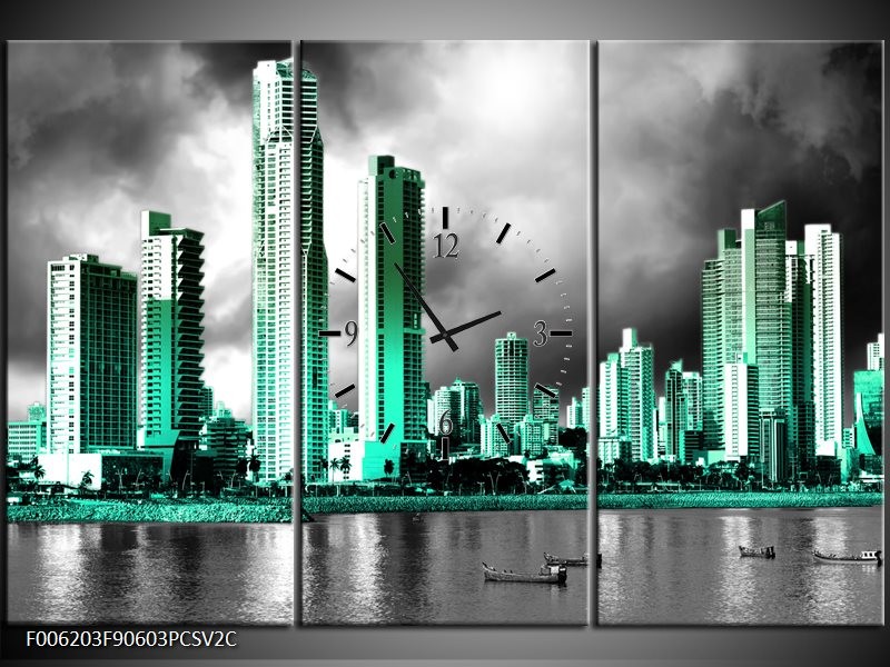 Klok schilderij Wolkenkrabber | Grijs, Groen | 90x60cm 3Luik